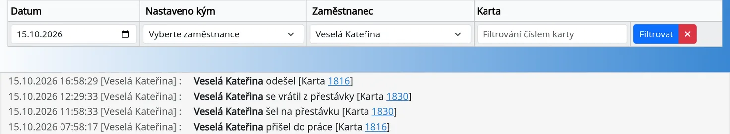 Historie s filtrem podle data a zaměstnance