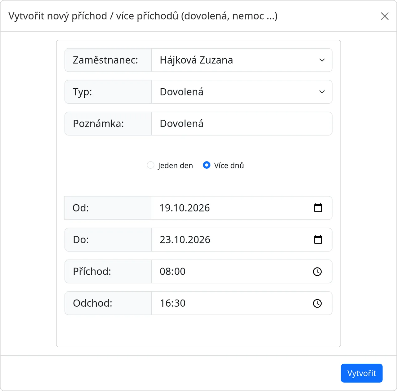 Dialog Vytvořit nový příchod / více příchodů s typem Dovolená a daty