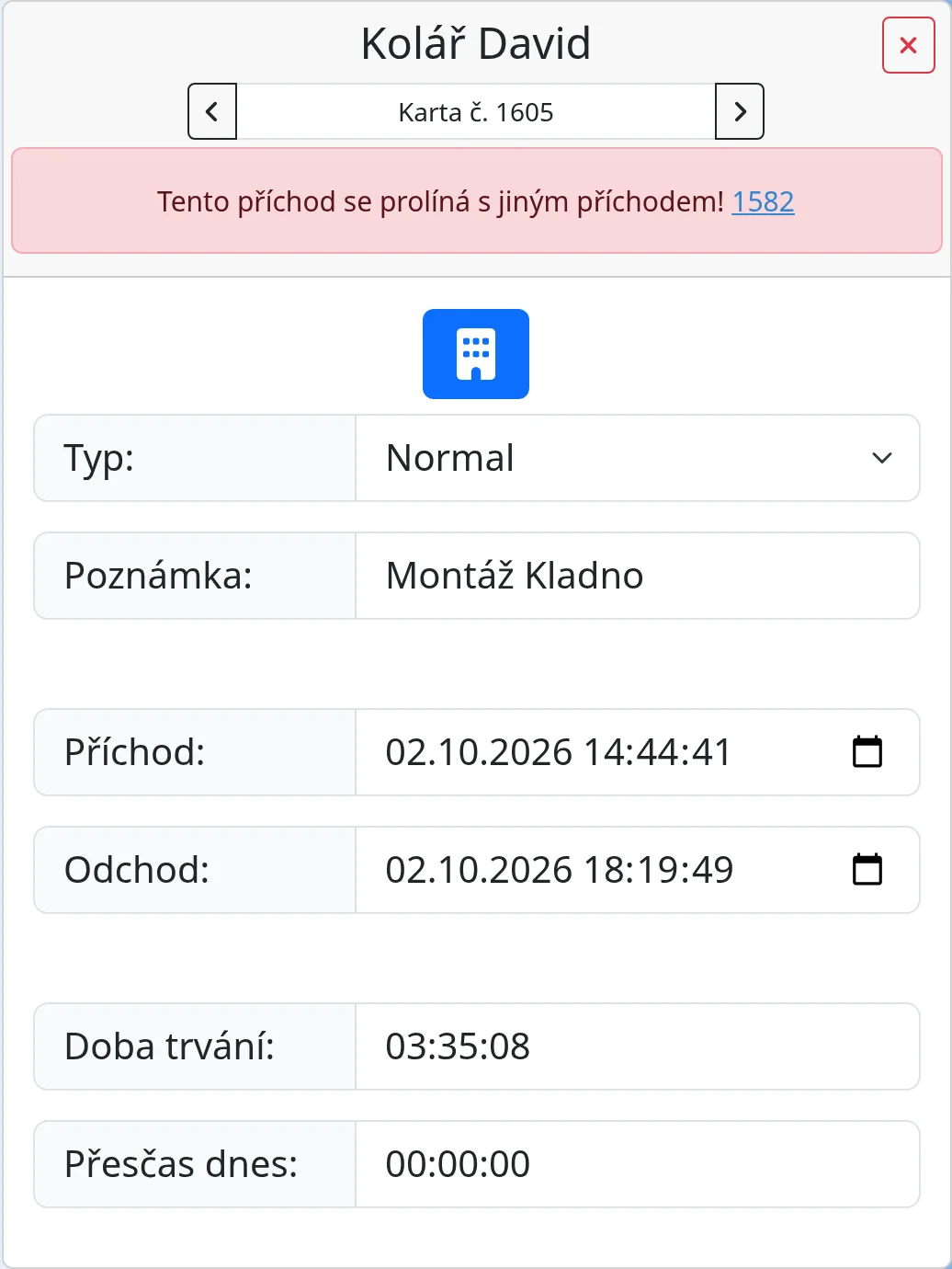 Karta příchodu s červeným varováním, že se prolíná s jiným příchodem
