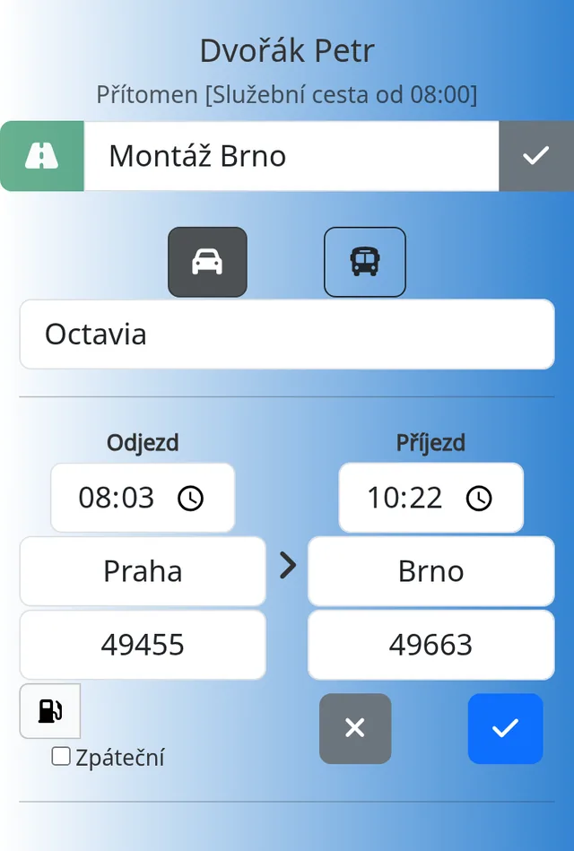 Mobilní zápis jízdy: auto, čas a místo odjezdu, cíl a stav tachometru