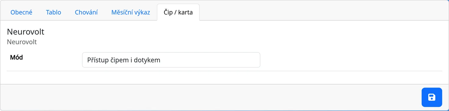 Admin → Systém, záložka Čip / karta s vybraným módem