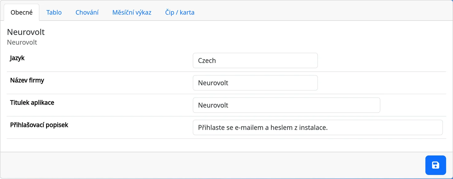 Admin → Systém, záložka Obecné s jazykem, názvem firmy, titulkem a popiskem