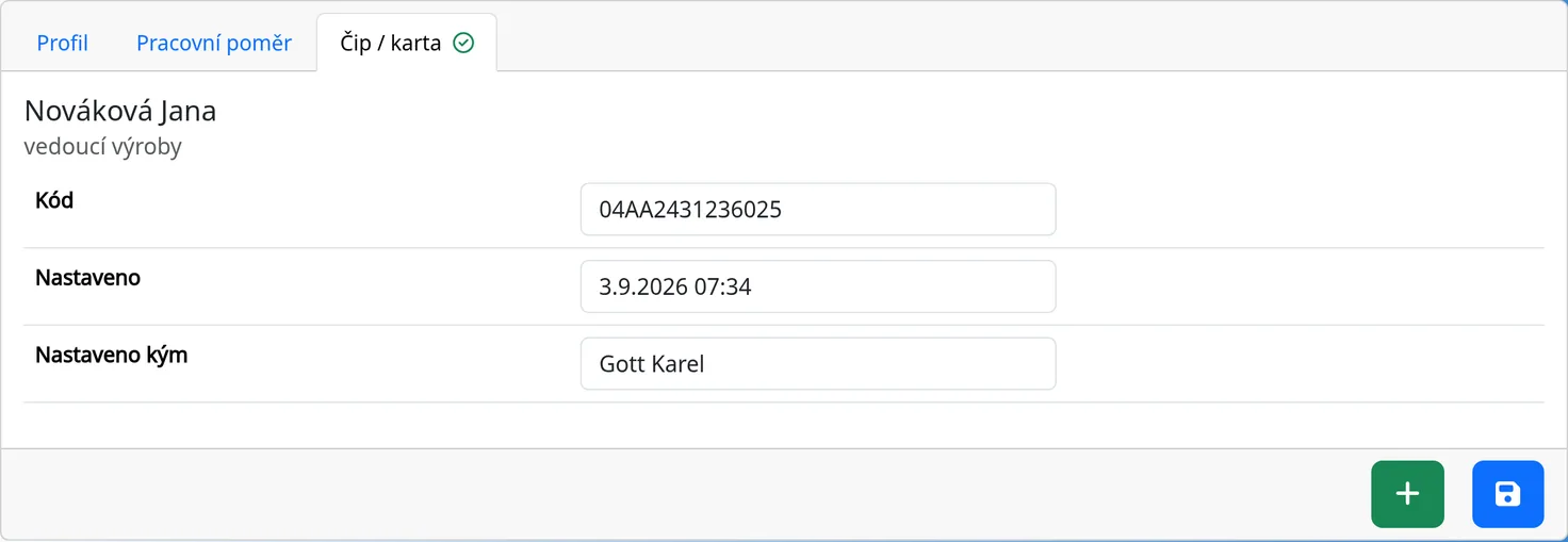 Profil zaměstnance, záložka Čip / karta s datem přiřazení a jménem správce
