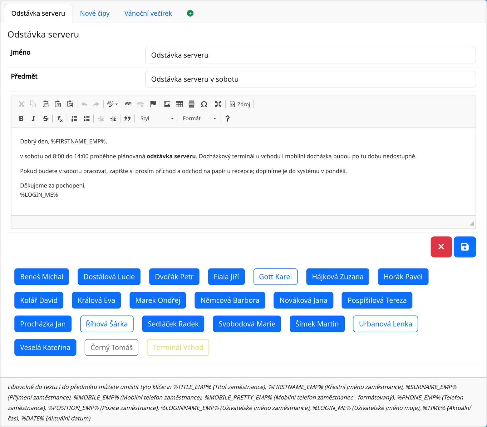 Informační e-mail s předmětem a textem a seznamem zaměstnanců, kterým byl odeslán