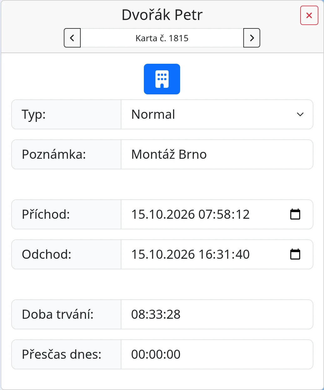 Karta příchodu s typem, poznámkou, časem příchodu a odchodu, dobou trvání a přesčasem